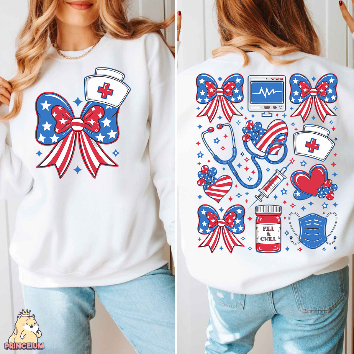 a woman wearing a white sweatshirt with red, white, and blue designs on it