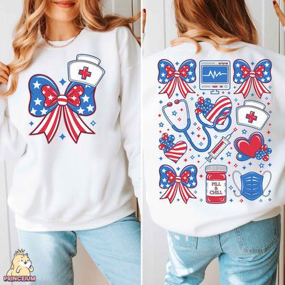 a woman wearing a white sweatshirt with red, white, and blue designs on it