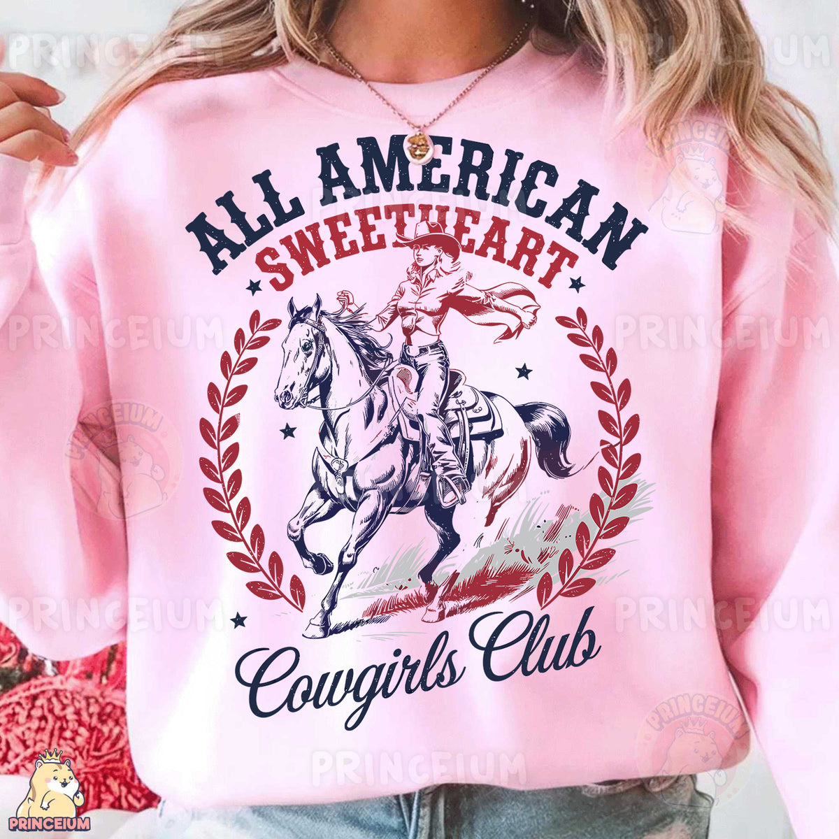 a woman wearing a pink sweatshirt that says all american sweet heart cowgirl club