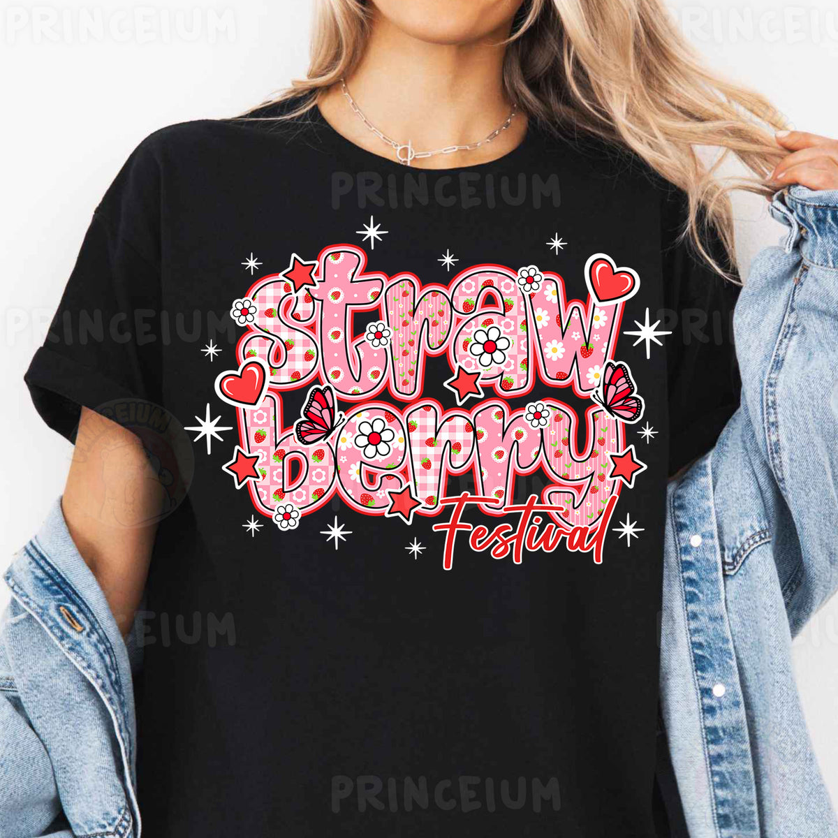 a woman wearing a black t - shirt with the words, stay and be merry