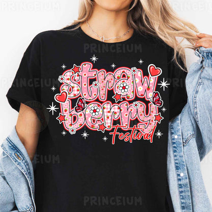 a woman wearing a black t - shirt with the words, stay and be merry