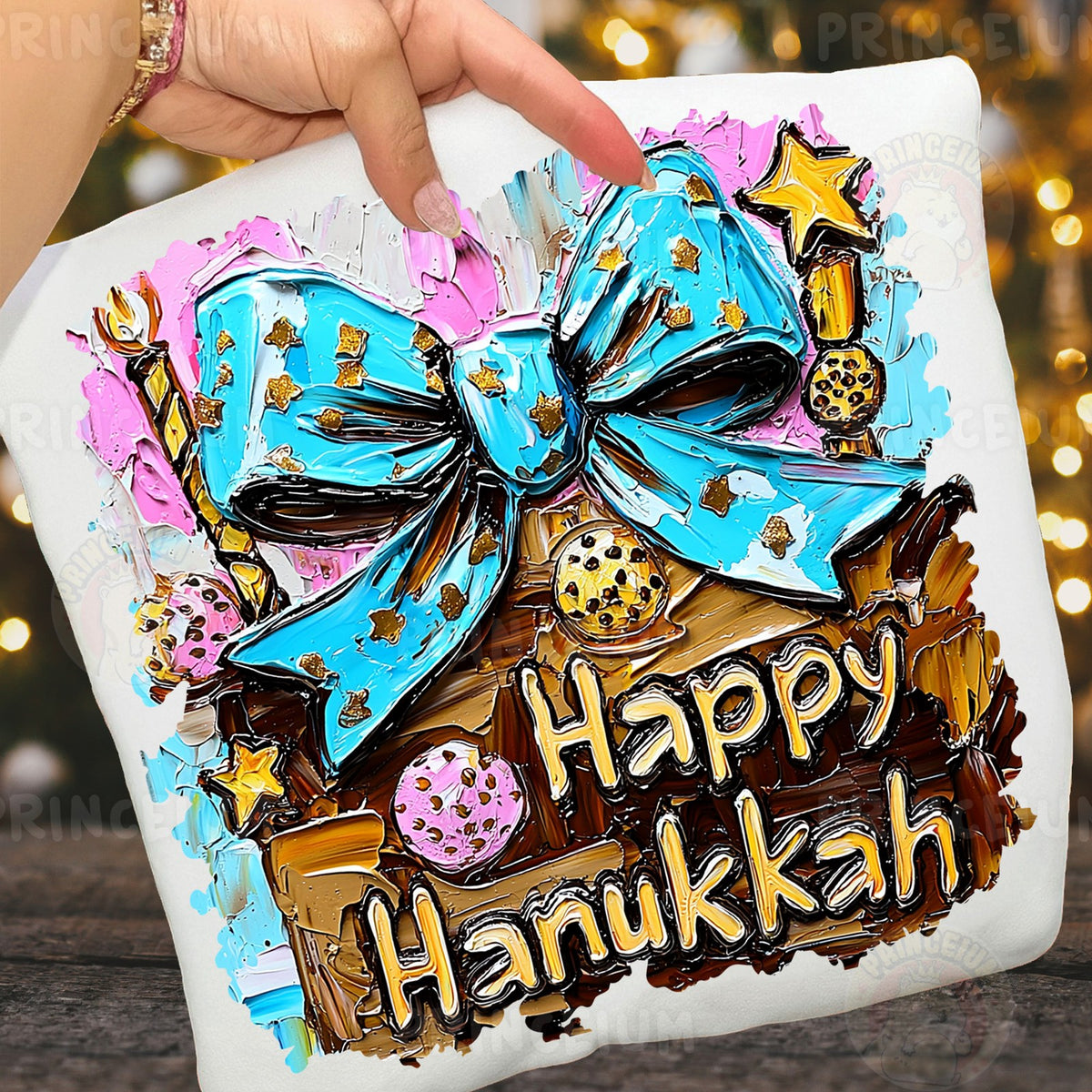 Happy Hanukkah Blue Bow