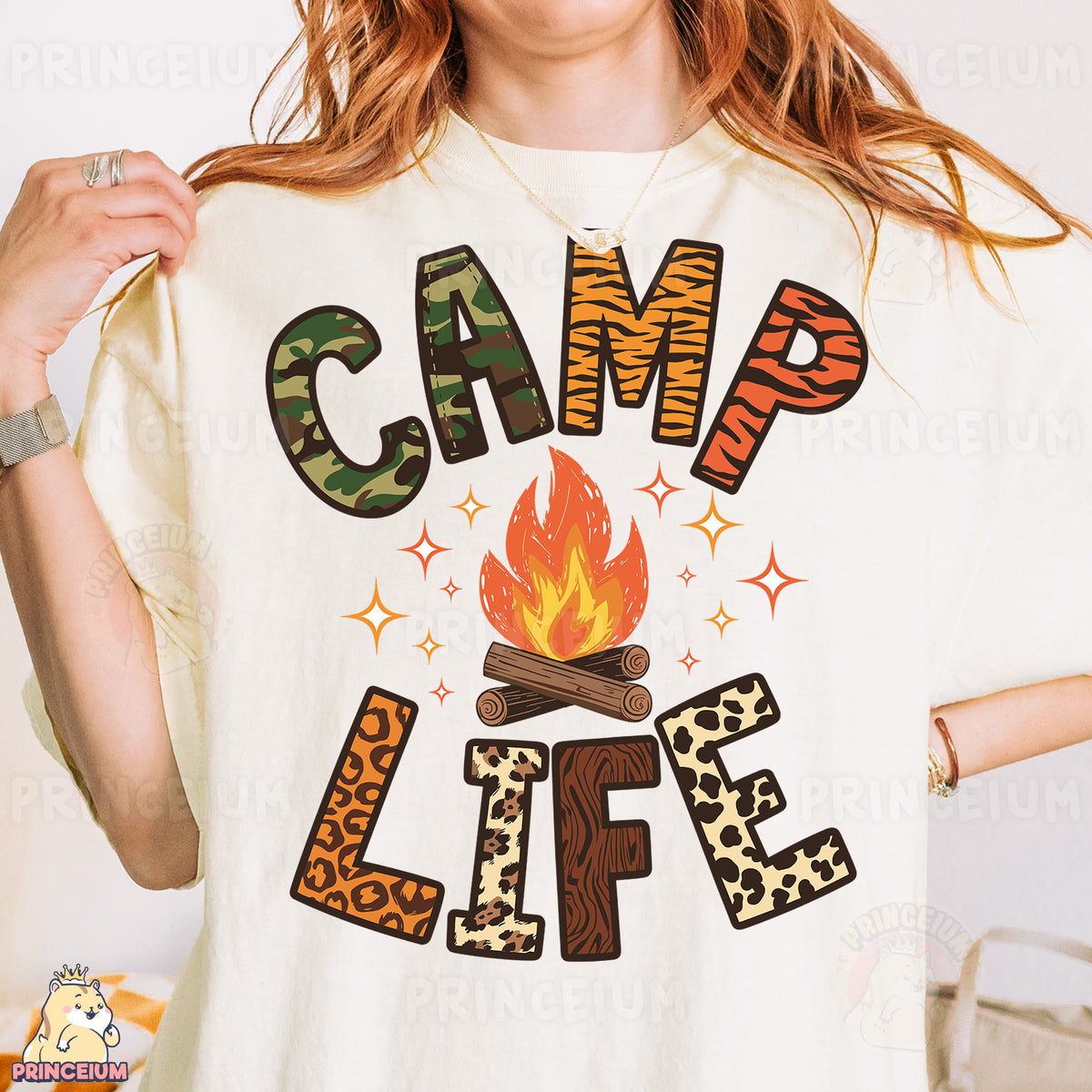 a woman wearing a t - shirt that says camp life