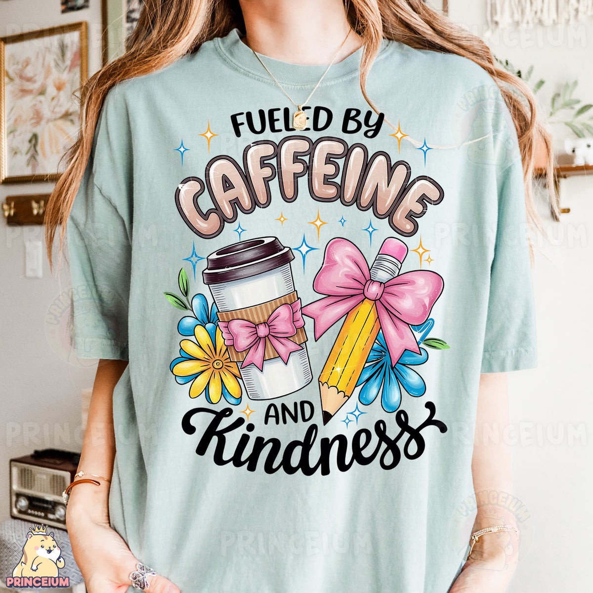 a woman wearing a t - shirt that says fueled by caffeine and kindness