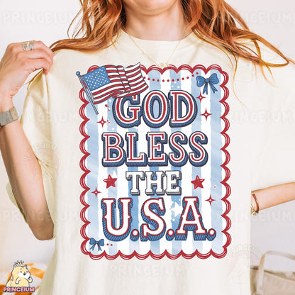 a woman wearing a t - shirt that says god bless the usa