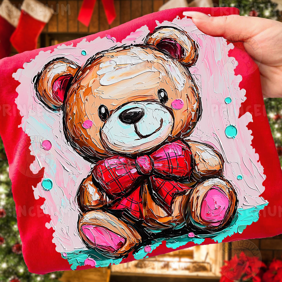 Painted Teddy Bear with Red Bow