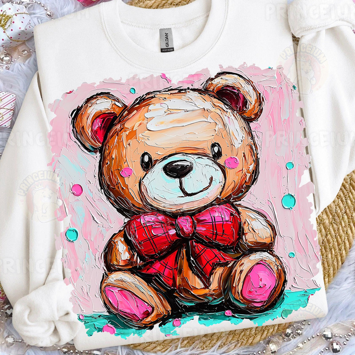 Painted Teddy Bear with Red Bow