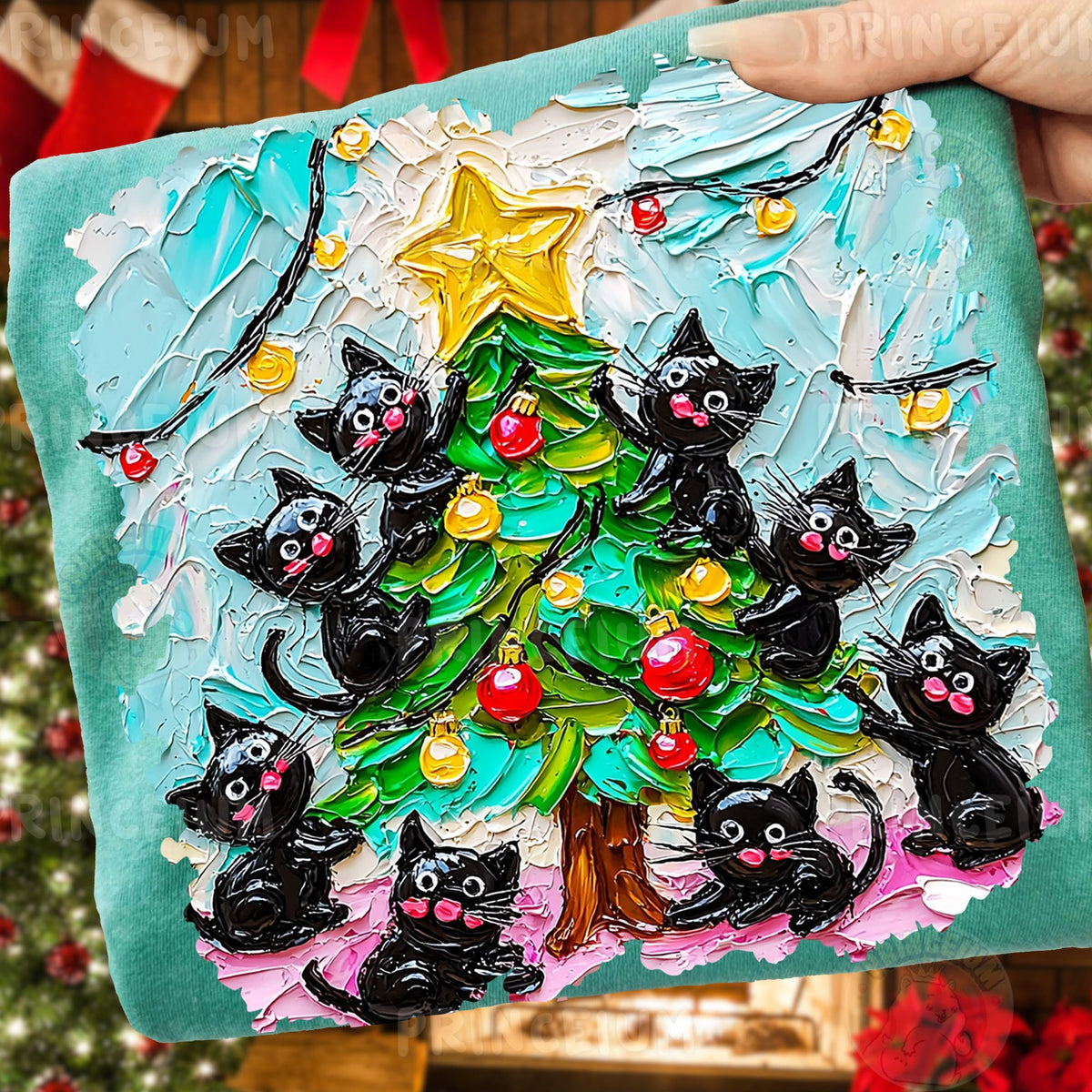 Black Cats Trimming the Christmas Tree