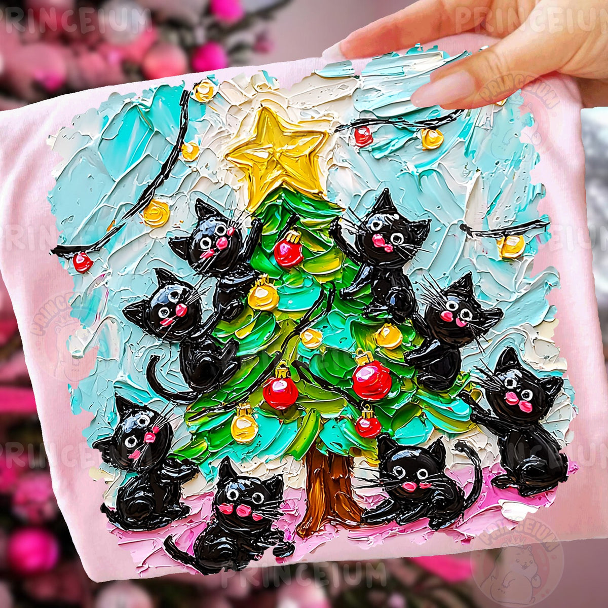 Black Cats Trimming the Christmas Tree