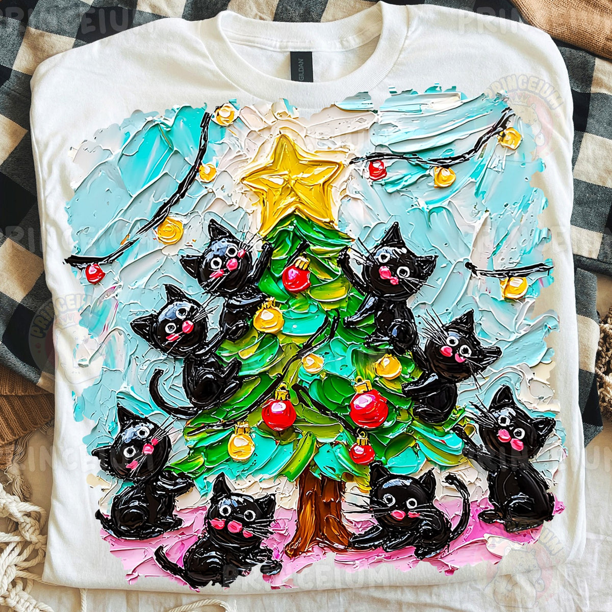 Black Cats Trimming the Christmas Tree
