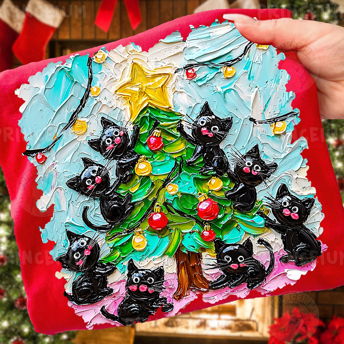 Black Cats Trimming the Christmas Tree