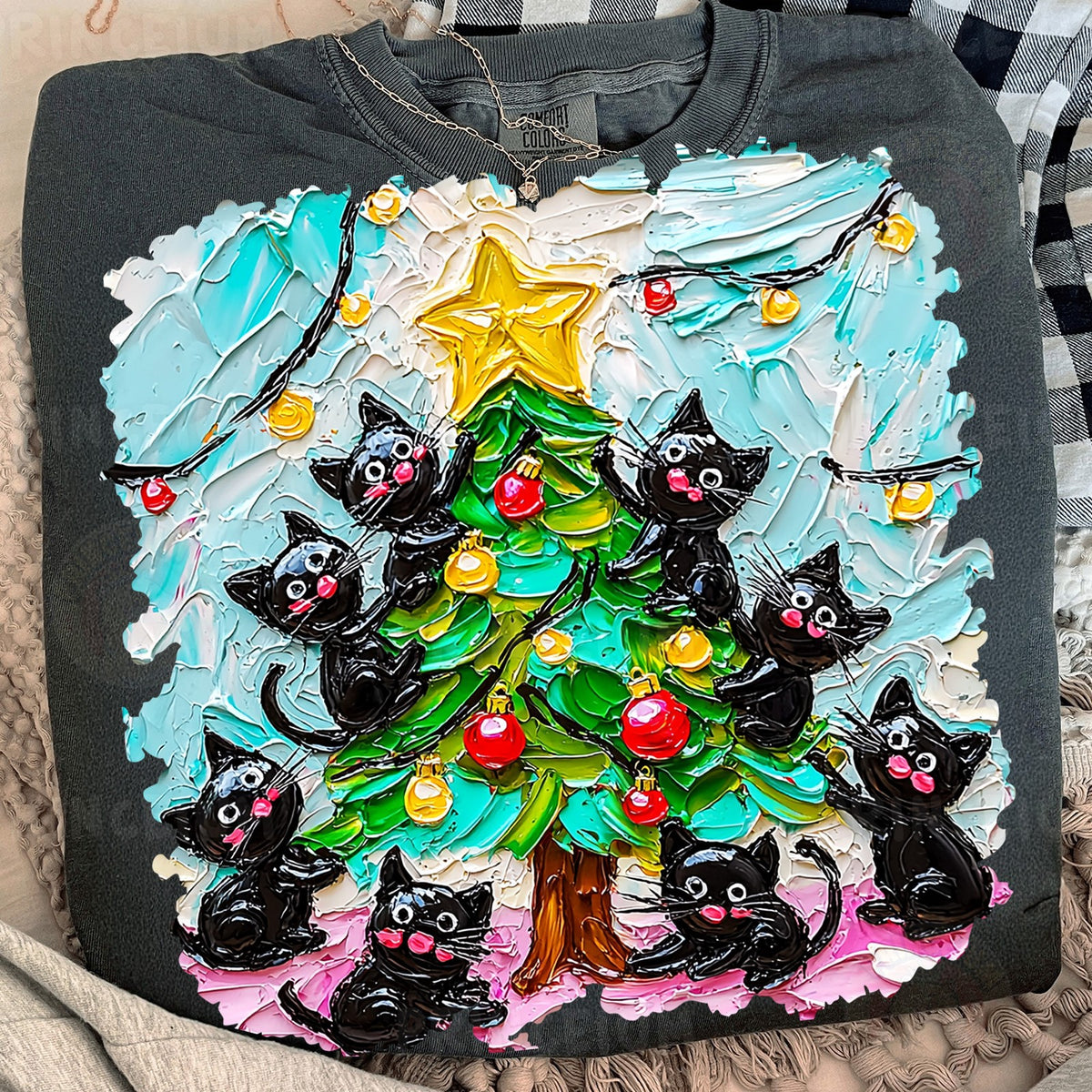 Black Cats Trimming the Christmas Tree