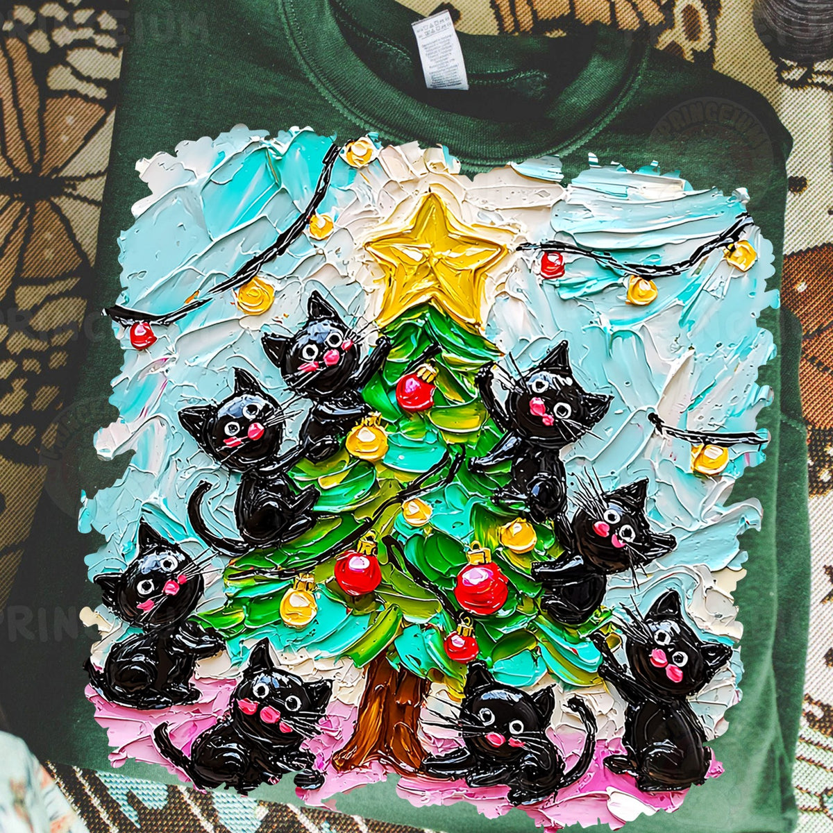Black Cats Trimming the Christmas Tree