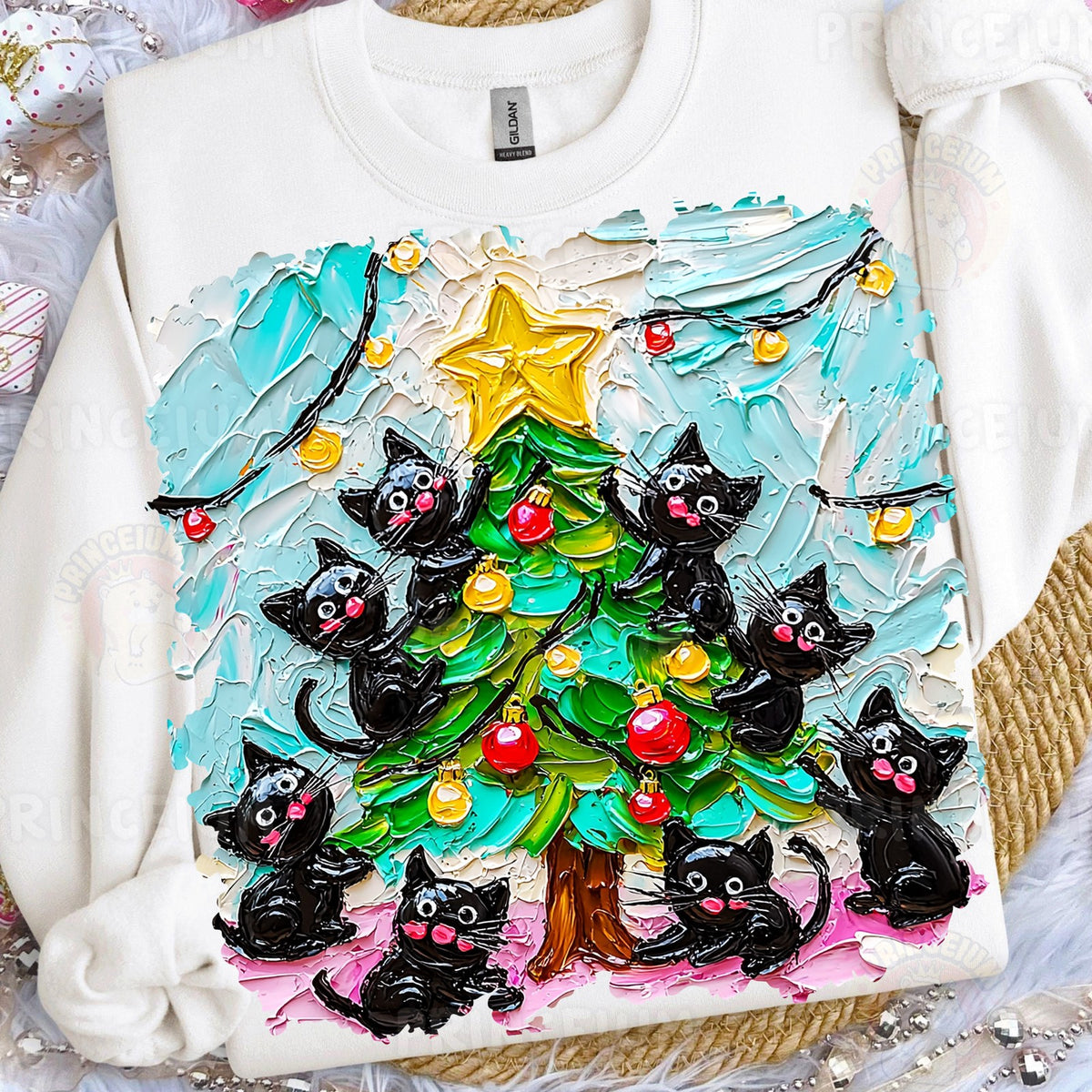 Black Cats Trimming the Christmas Tree