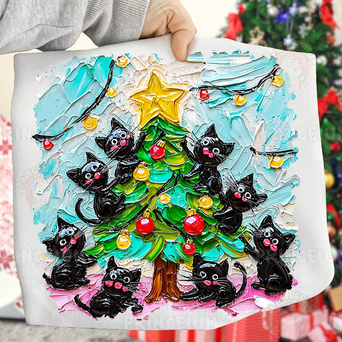 Black Cats Trimming the Christmas Tree