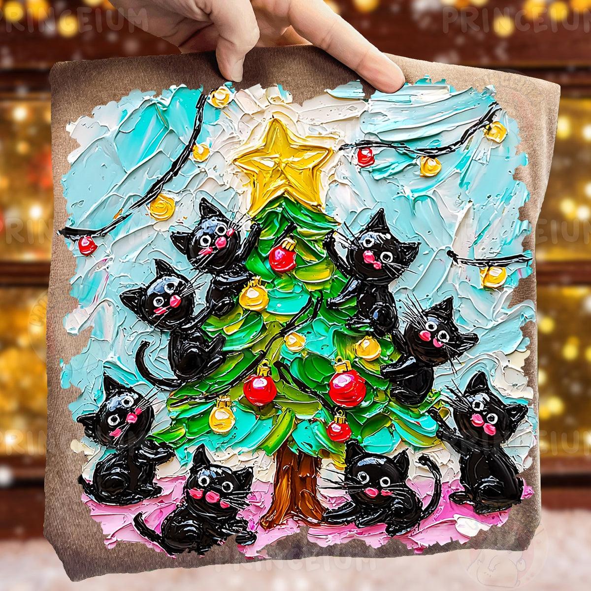 Black Cats Trimming the Christmas Tree