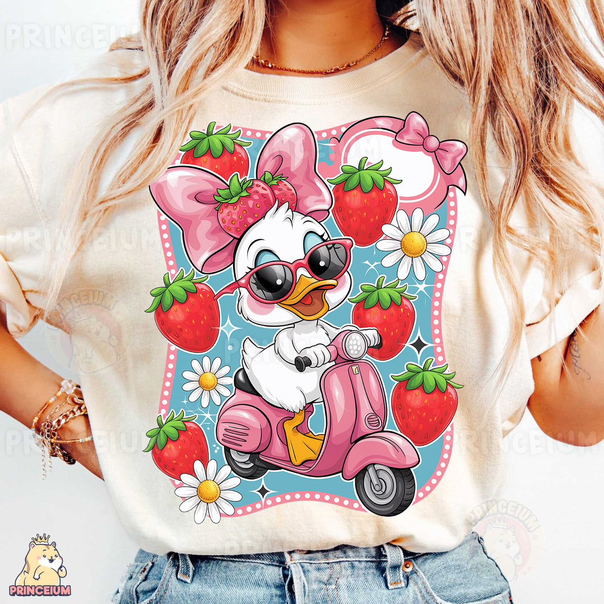 a woman wearing a t - shirt with a cartoon character on it
