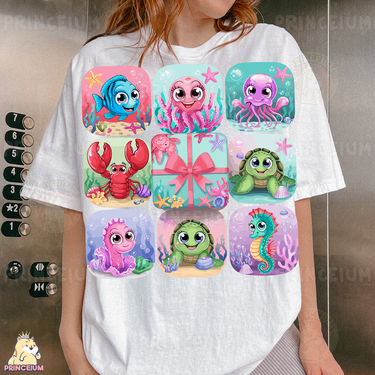 a woman wearing a t - shirt with cartoon images on it