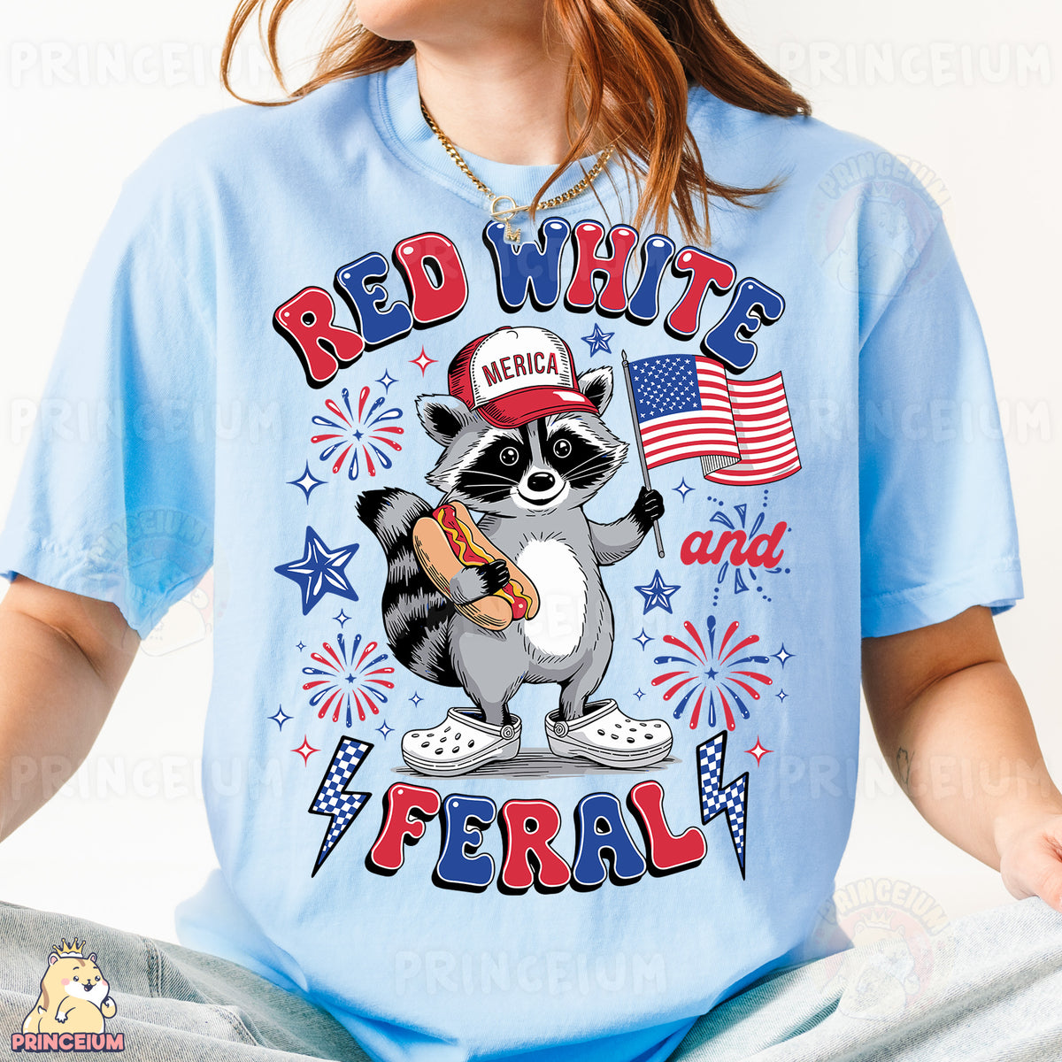 a girl wearing a red white and blue shirt