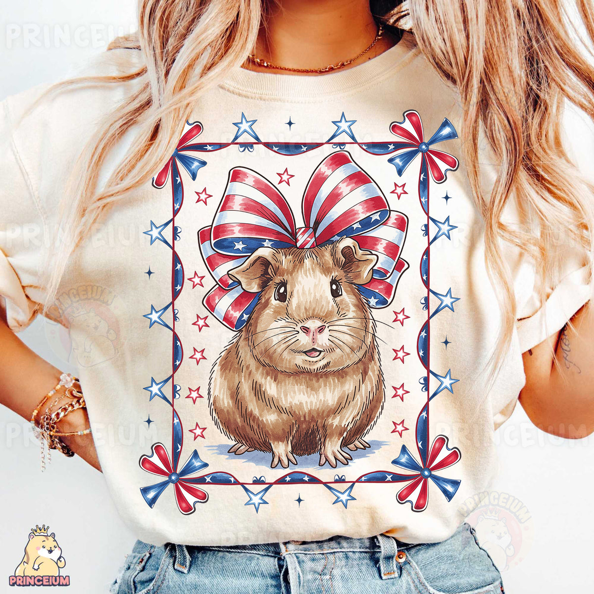 a woman wearing a t - shirt with a picture of a hamster on it