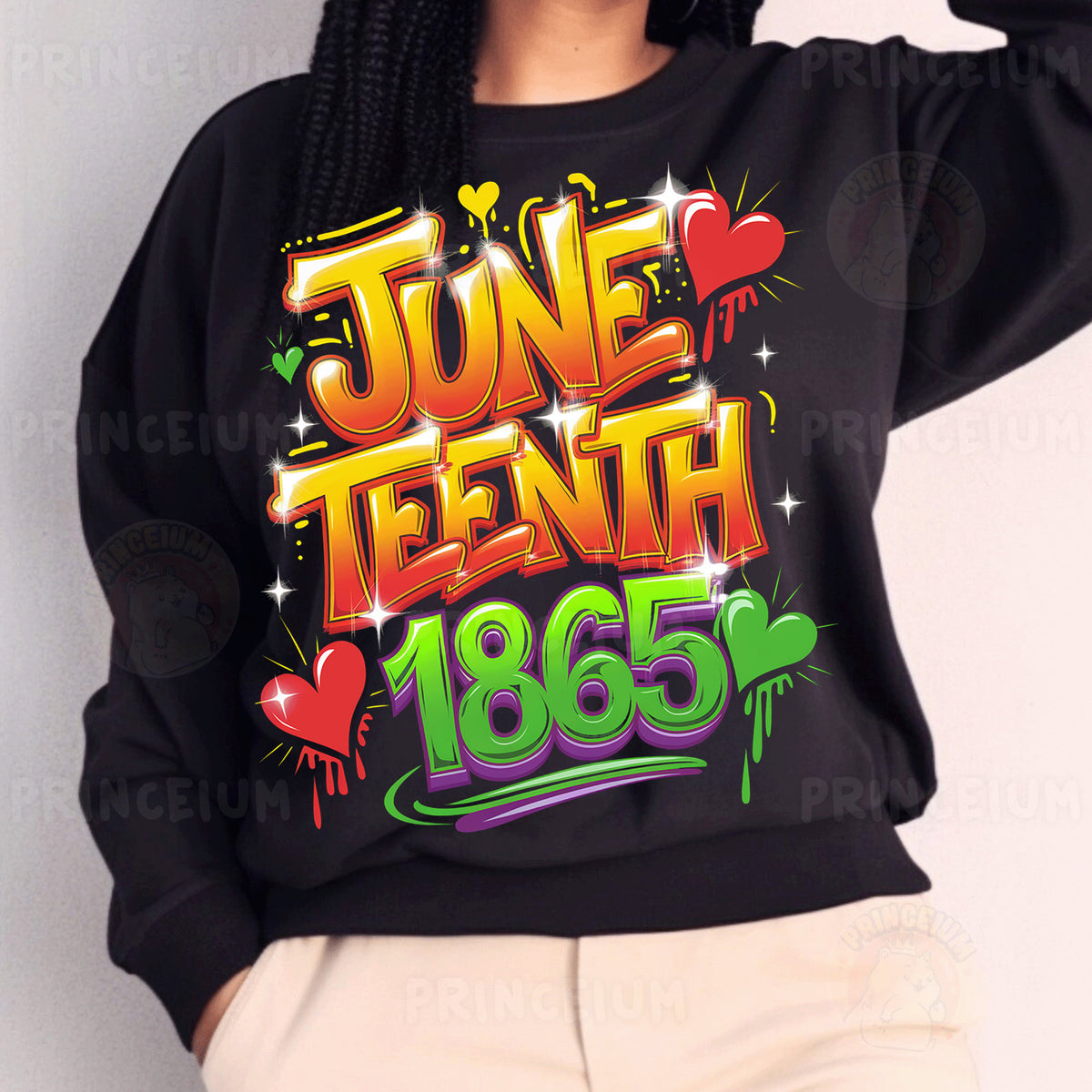 a woman wearing a black sweatshirt with the words juneteeth on it