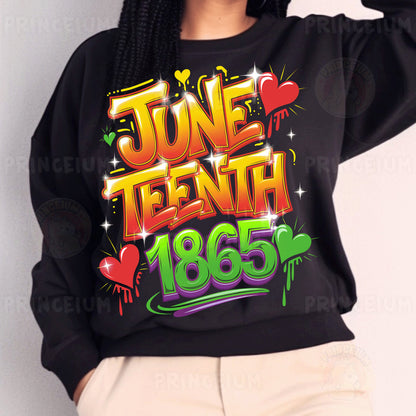 a woman wearing a black sweatshirt with the words juneteeth on it