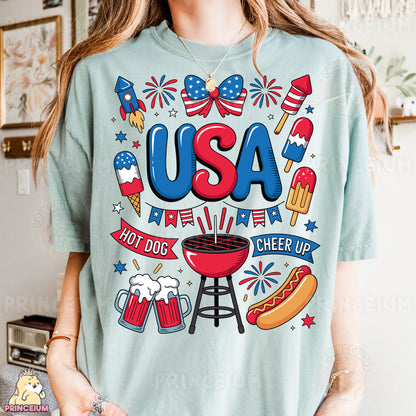 a woman wearing a usa t - shirt with hot dogs, hamburgers, and