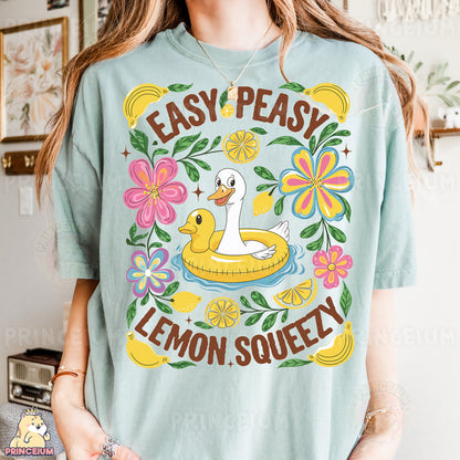a woman wearing a t - shirt that says easy peasy lemon squeezey