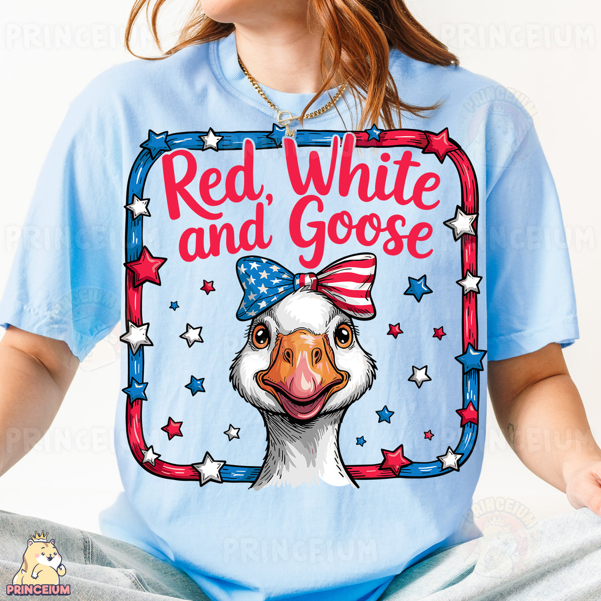 a woman wearing a red, white and goose t - shirt