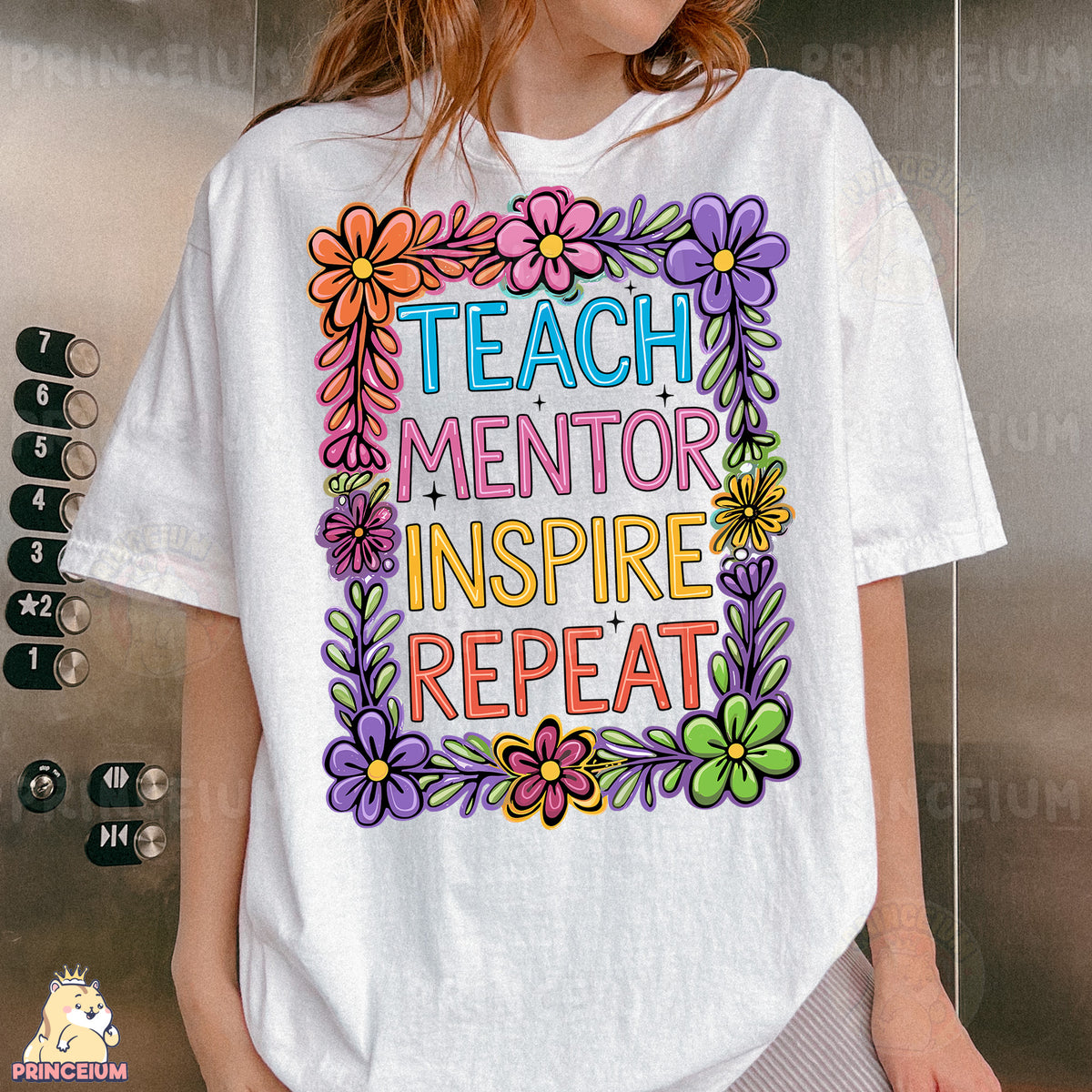 a woman wearing a t - shirt that says teach mentor inspire repeat