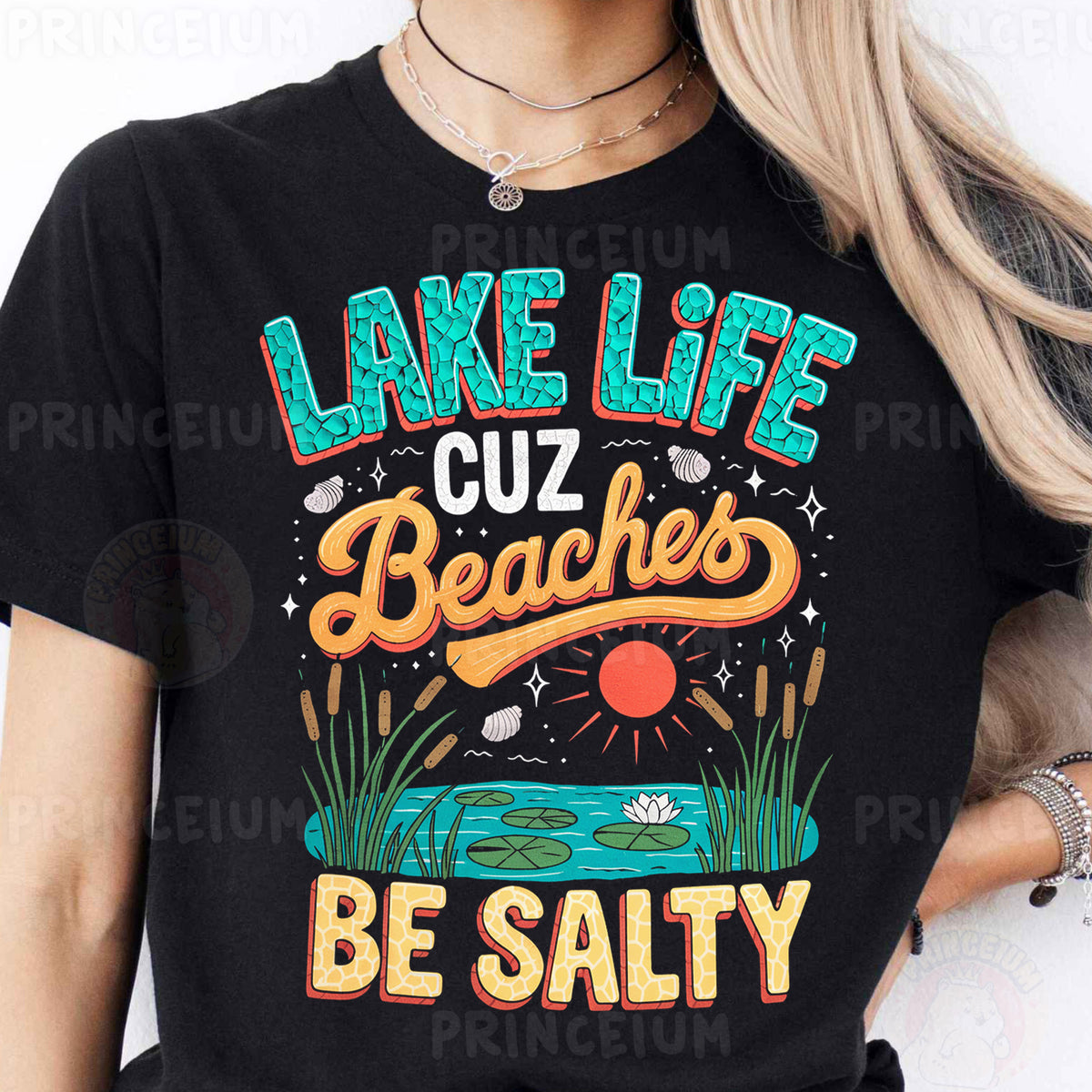 a woman wearing a lake life t - shirt