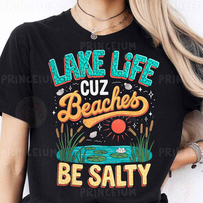 a woman wearing a lake life t - shirt