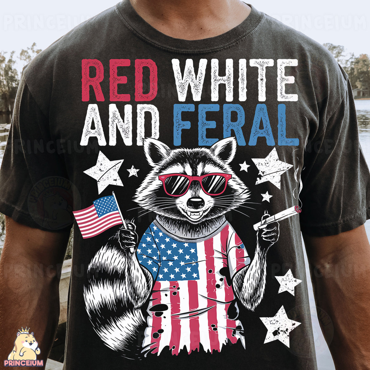 a man wearing a red, white and fe ral shirt