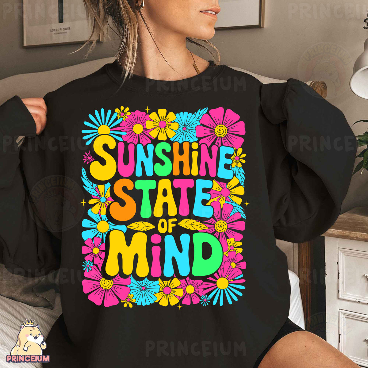 a woman wearing a black shirt that says sunshine state of mind