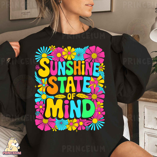 a woman wearing a black shirt that says sunshine state of mind