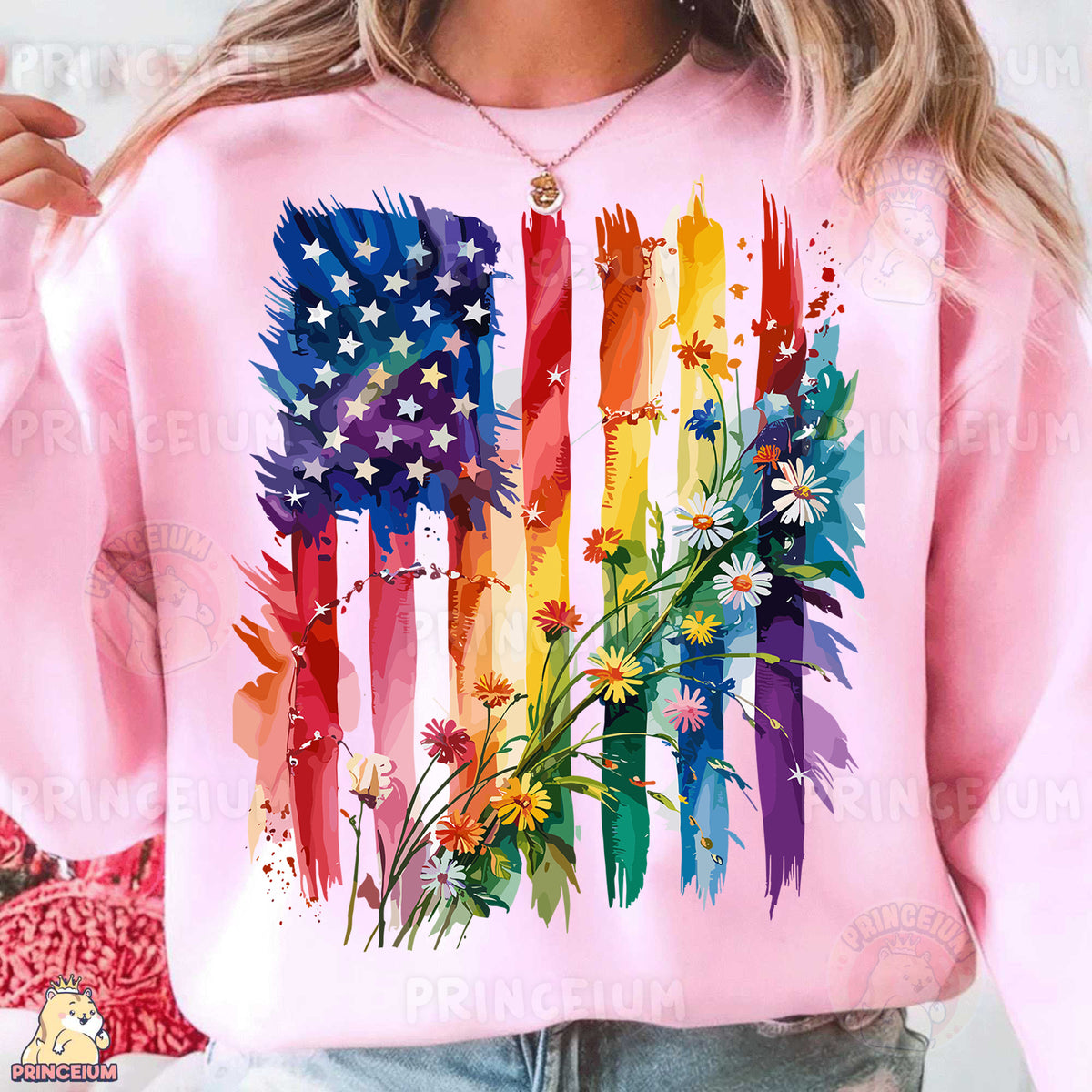 a woman wearing a pink sweatshirt with an american flag painted on it