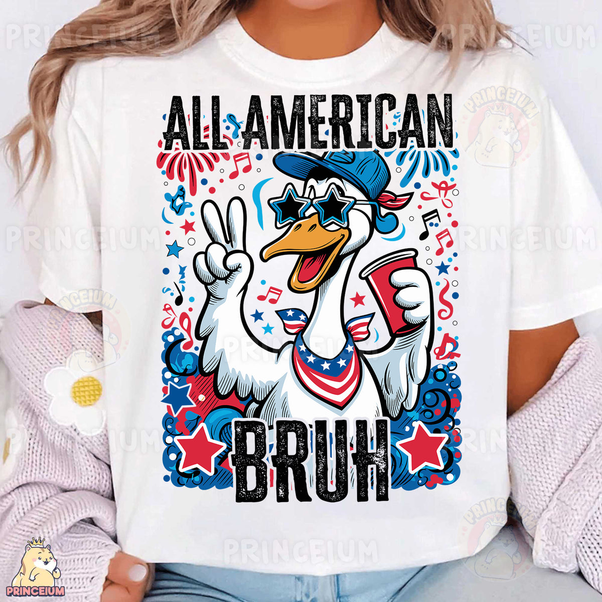 a woman wearing a white t - shirt with an eagle on it