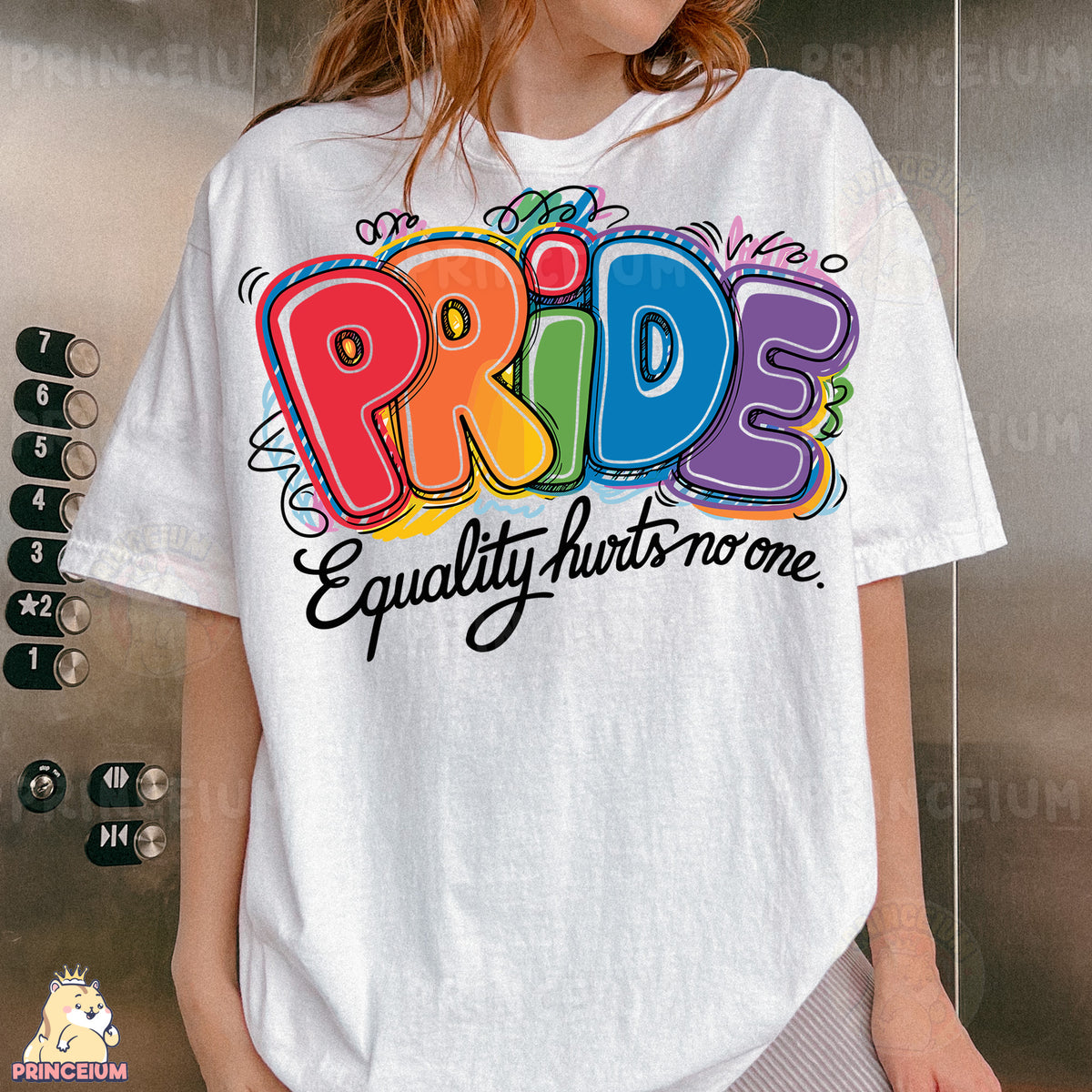 a woman wearing a white shirt with the words pride on it