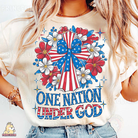 a woman wearing a one nation under god t - shirt