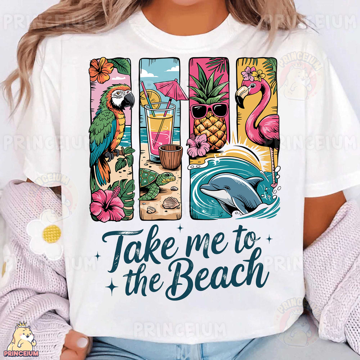a woman wearing a t - shirt that says take me to the beach