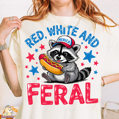 a woman wearing a red, white and blue shirt with a raccoon eating