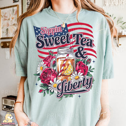 a woman wearing a tea and liberty shirt