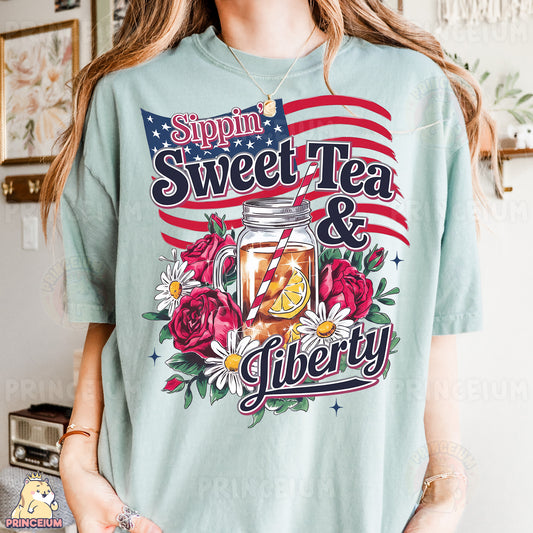 a woman wearing a tea and liberty shirt