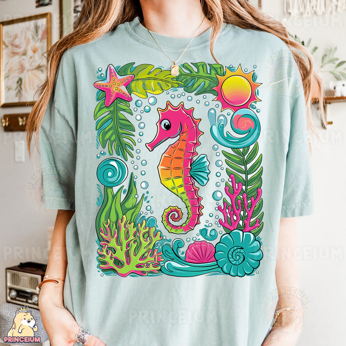 a woman wearing a t - shirt with a sea horse on it