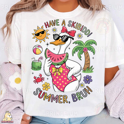 a woman wearing a white shirt that says have a skbod summer brun