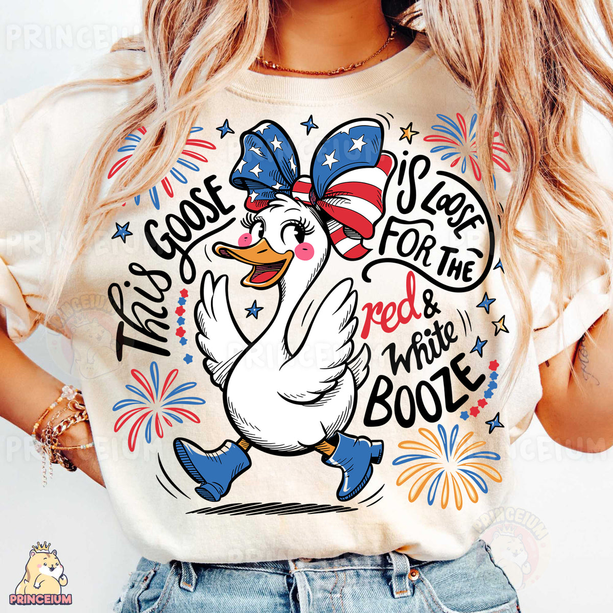 a woman wearing a t - shirt with an image of a duck on it