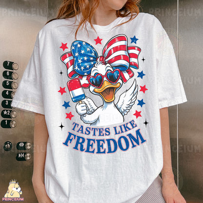 a woman wearing a t - shirt with a duck wearing sunglasses and an american flag