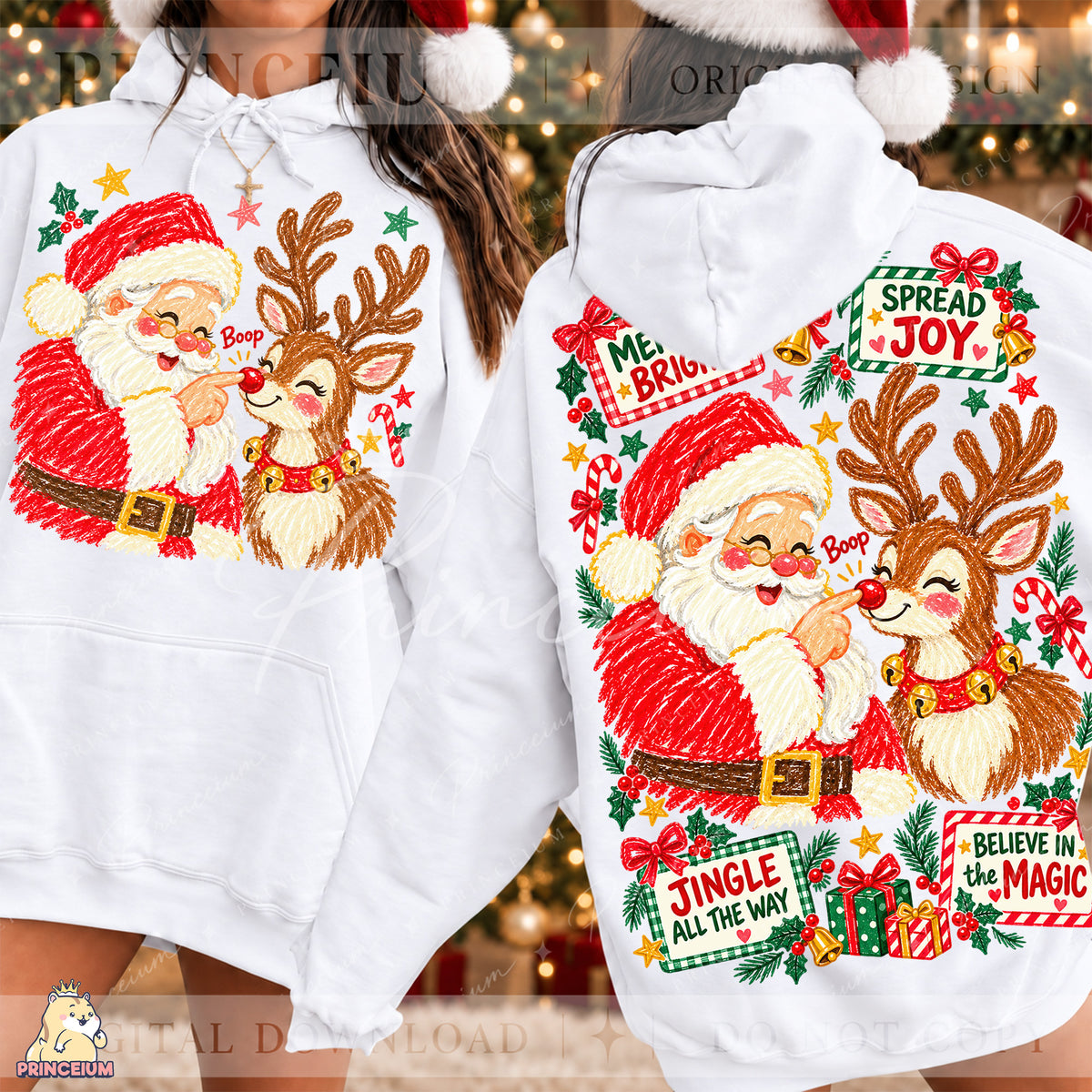 Santa & Reindeer Christmas PNG  Merry & Bright Holiday Design Digital Download