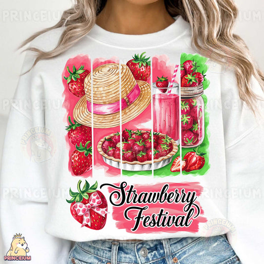 a woman wearing a strawberry festival shirt