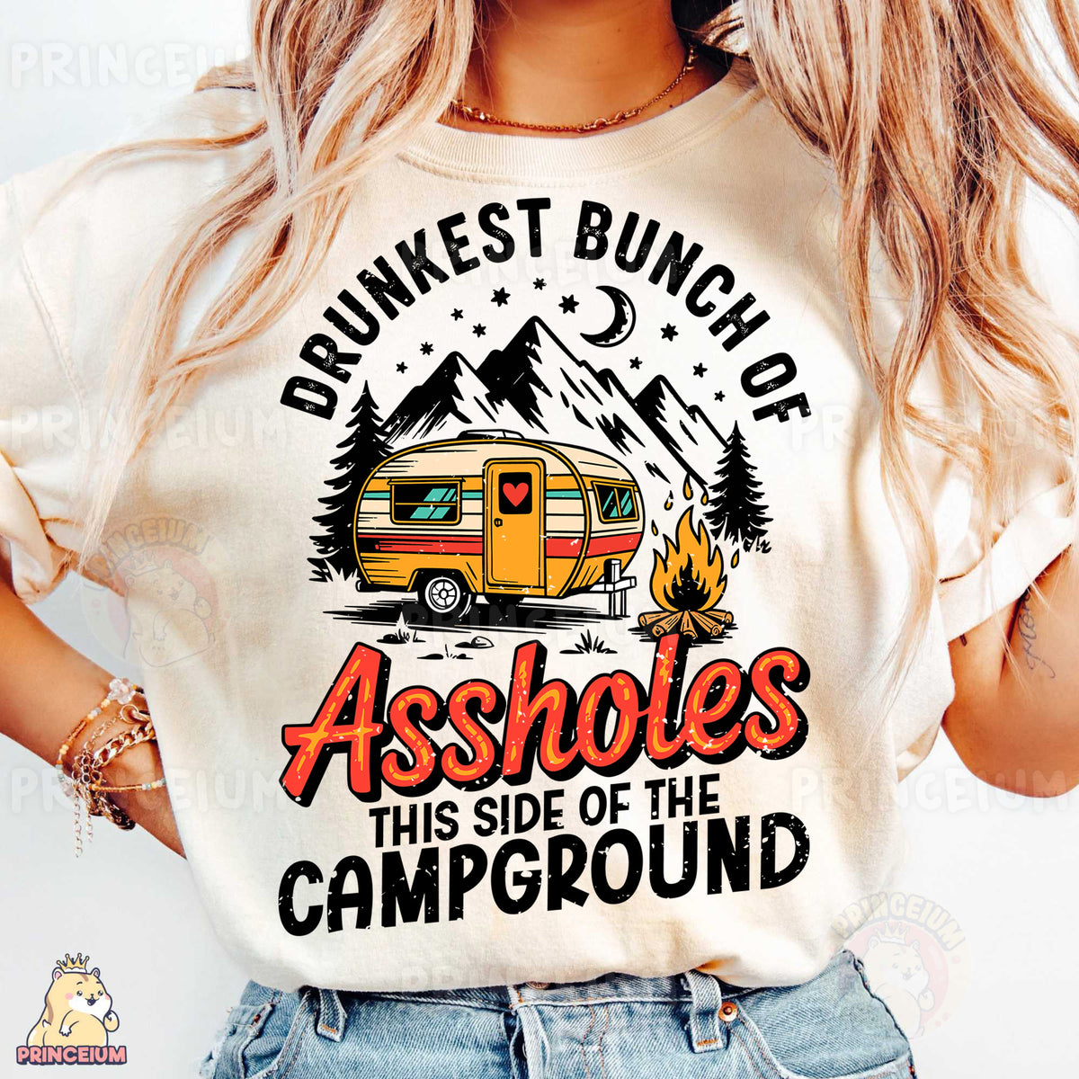 a woman wearing a t - shirt with a camper on it